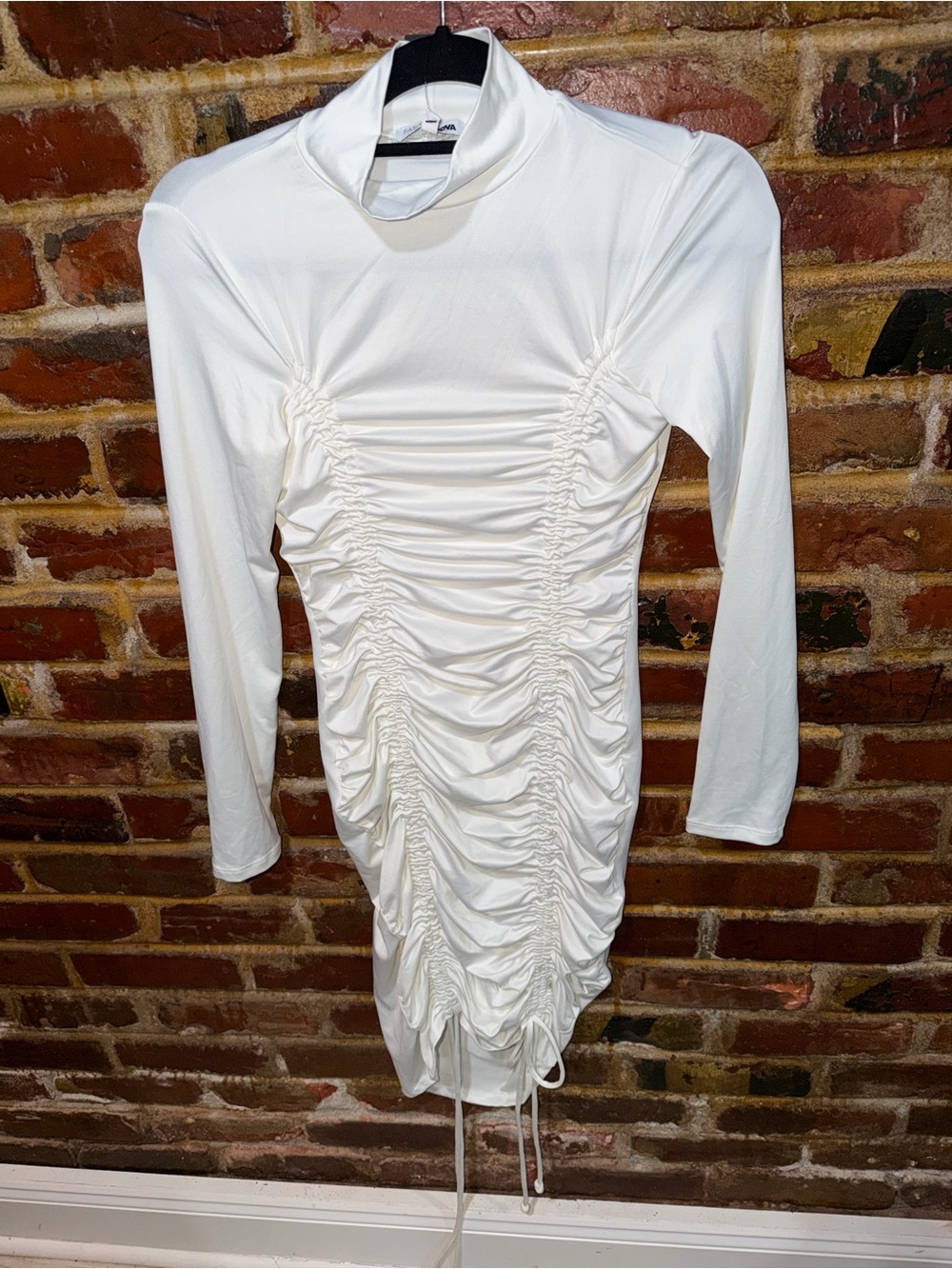 New! FASHION NOVA White Midi Dress Ruched Long-Sleeve, Small